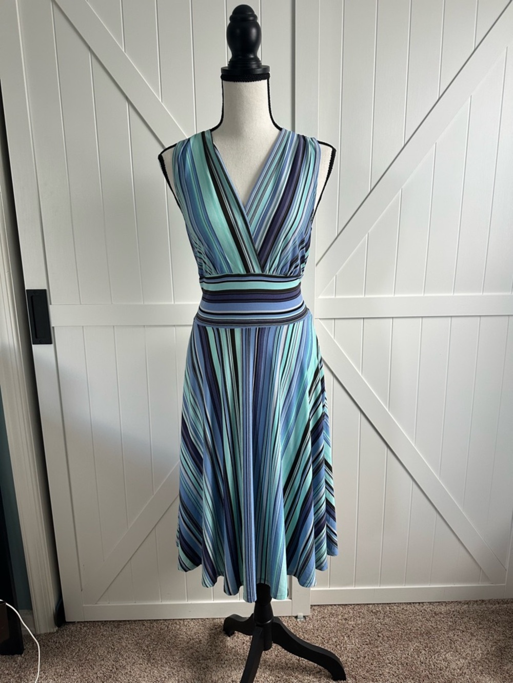 B Moss Striped Wrap Dress Blue Teal Sleeveless A Line Midi Size Small